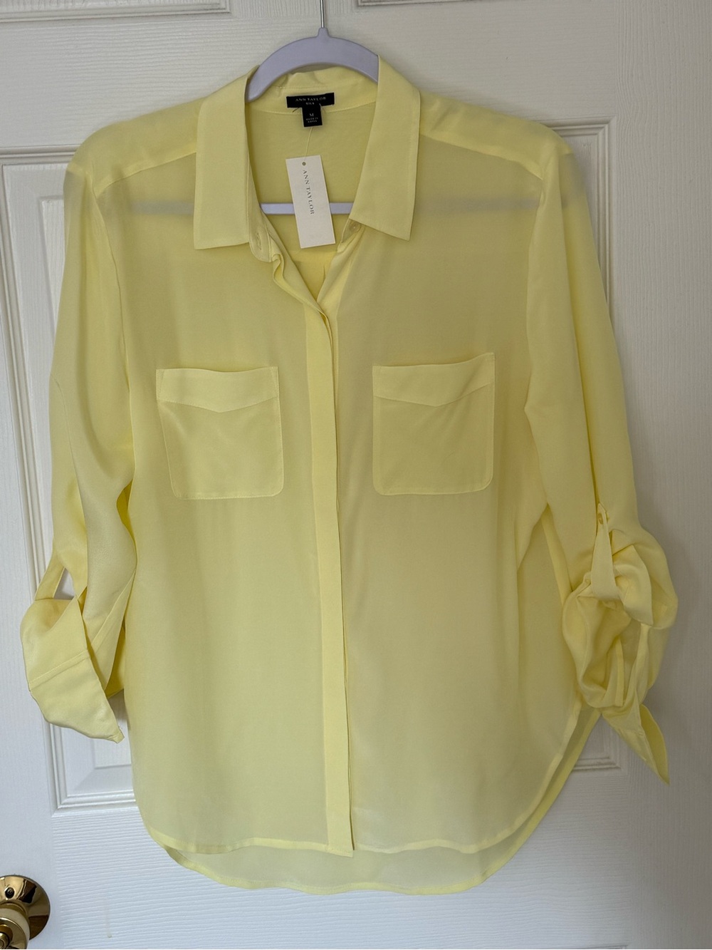 Ann Taylor Silk Blouse Yellow Button Front Long Sleeve Size M NWT
